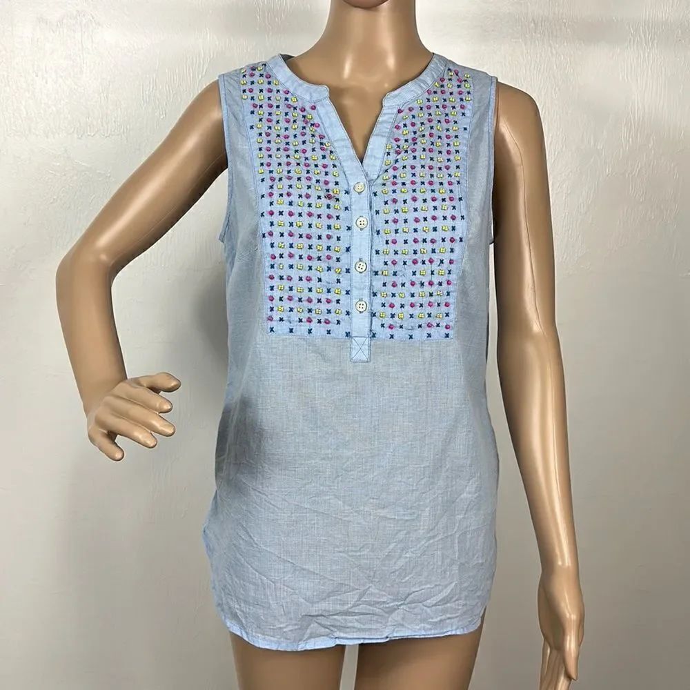Talbots Cotton Gingham Colorful Beadwork Sleeveless Blouse Top Size MP